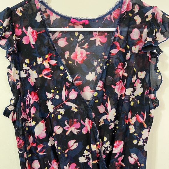 Betsey Johnson Sheer Blue Pink Floral V-Neck Romper Lingerie - Picture 8 of 13